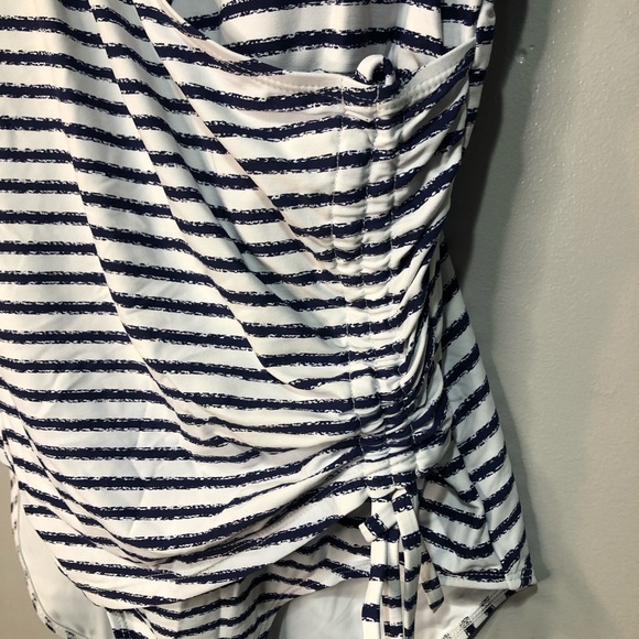 Nip Tick Swim Navy and White Striped Swimsuit Double Layered Belly Scrunch Tie - Picture 3 of 13
